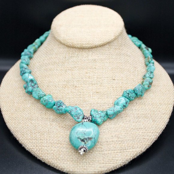 Turquoise Pendant Chunky Nugget Beaded Vintage Necklace Silver Clasp Findings - Picture 2 of 14